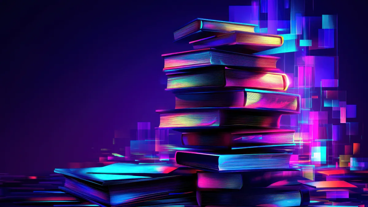 A tall stack of programming and systems books on a wooden shelf.