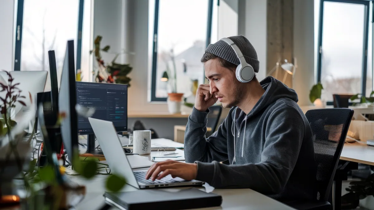 A developer wearing headphones at a desk with multiple monitors in soft light.