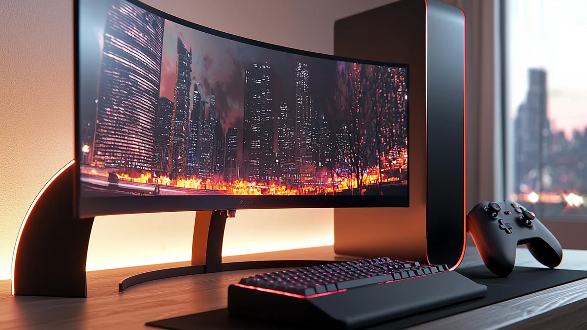 A gaming monitor showing a Linux desktop with a game launcher icon visible.