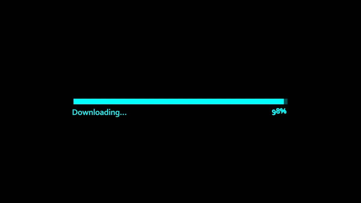 A browser window showing a large file download progress bar at nearly full.