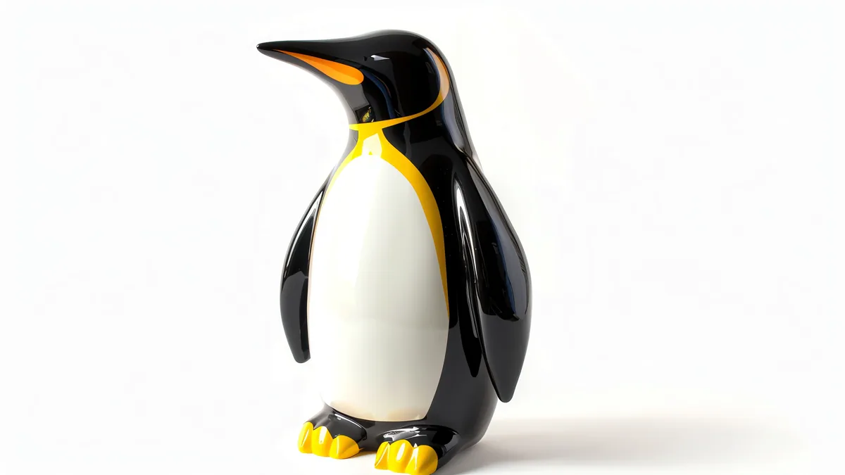 A small rubber penguin figurine sitting on a desk next to a keyboard.