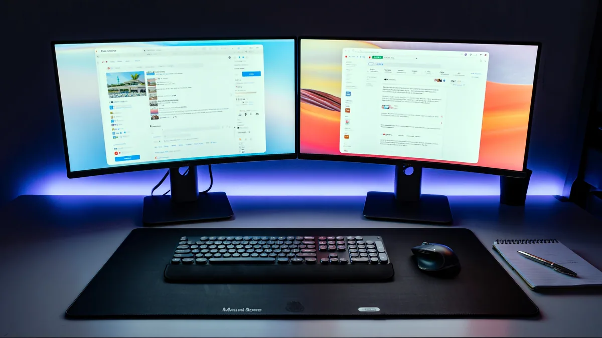 A monitor showing a Linux dock next to a photo of a macOS dock.