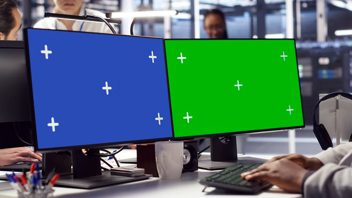 A monitor split into two halves showing a Linux and a Windows desktop.