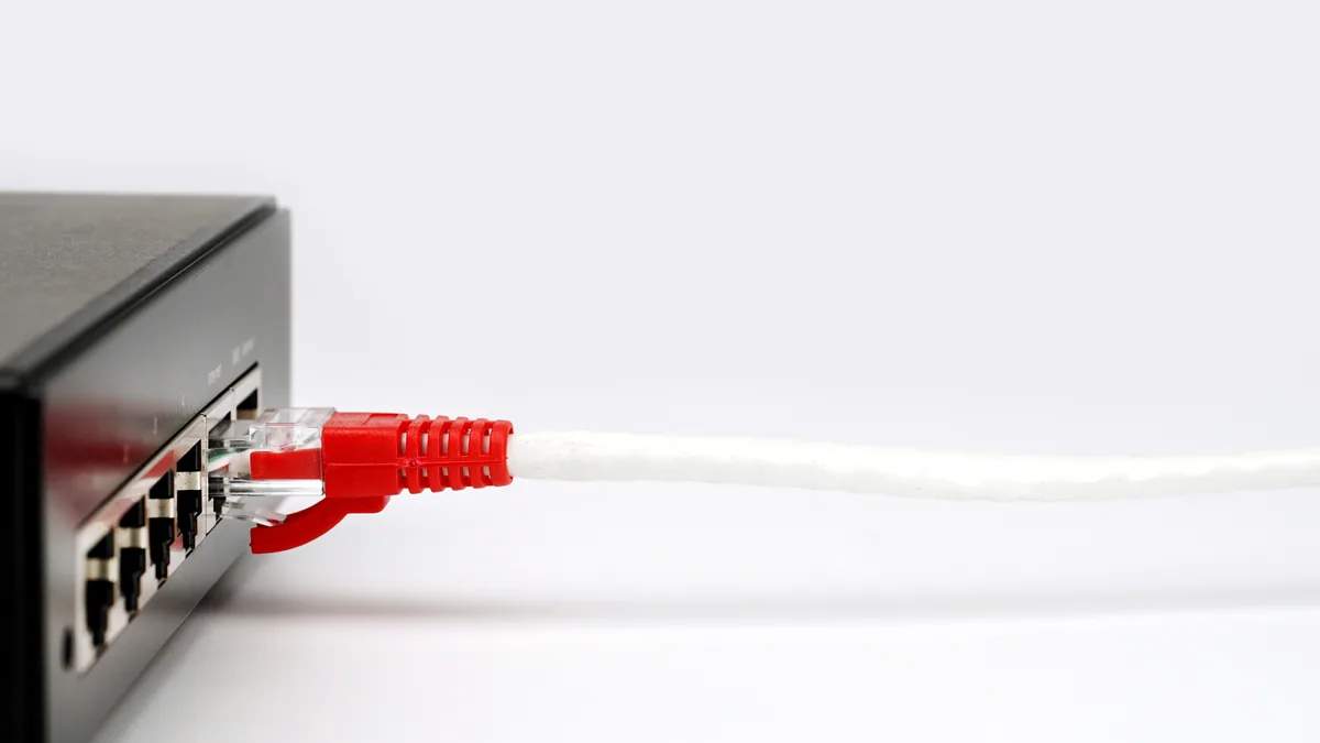A blue network cable connected to a patch panel in a server room.