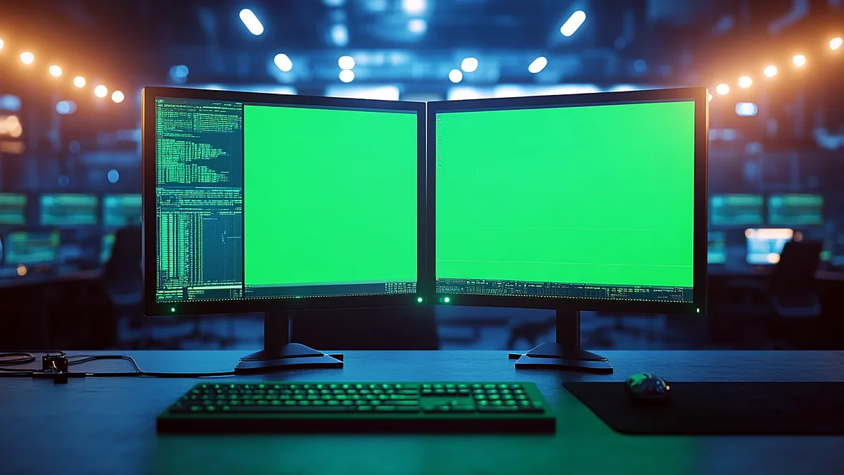 Two side by side monitors each running a different database interface.