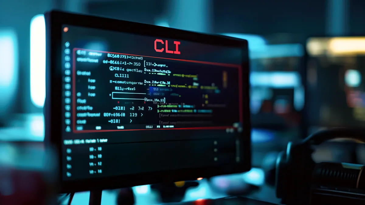 A developer terminal session glowing in cool light on a physical monitor.