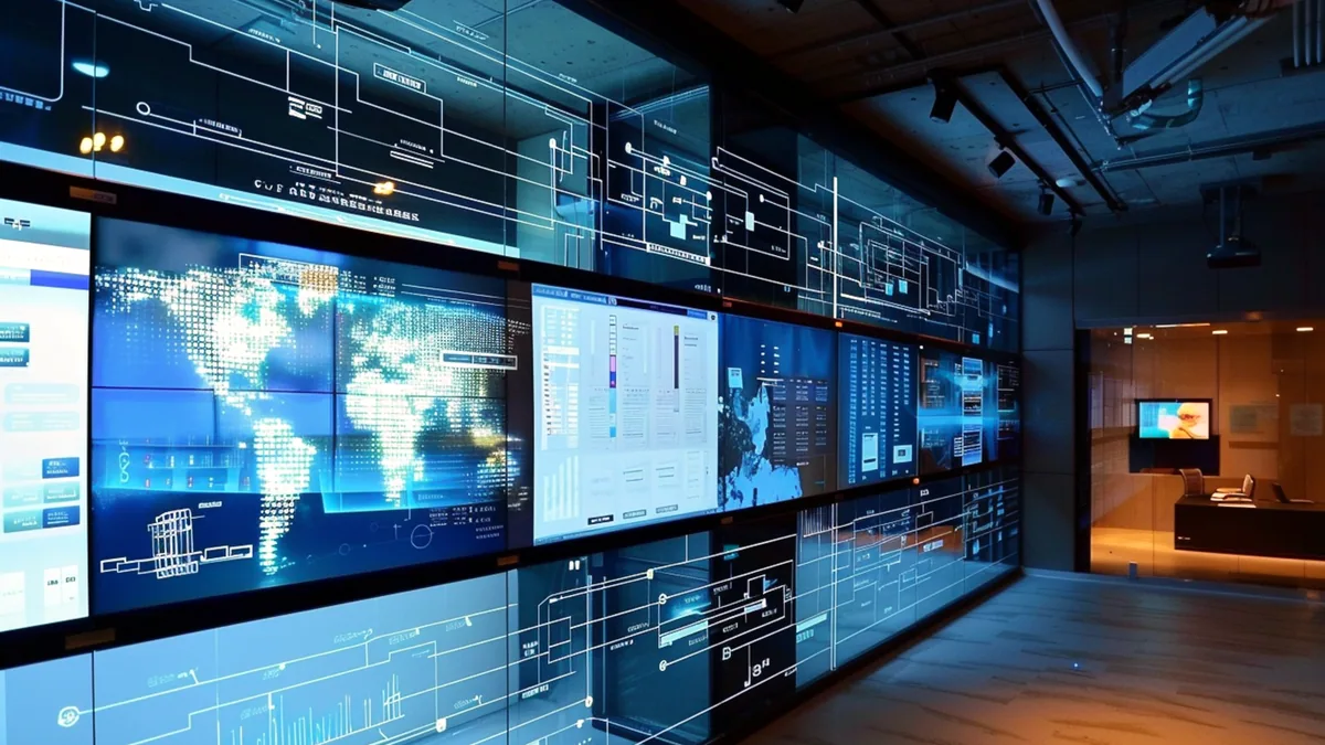 A wall of monitors in a network operations center showing server status graphs.